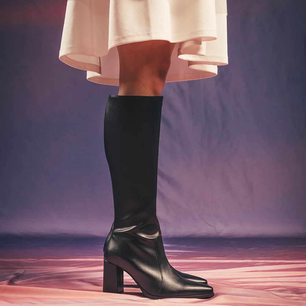 Samira Vegan Apple Leather Knee High Boots - Black